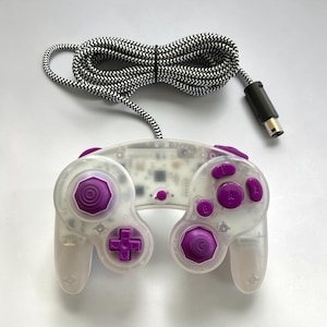 Custom Phob GCC GameCube Controller Clear / White + Purple Buttons Hall Effect TMR Joysticks Spring Mod Paracord Cable Mouse Click Z-Button