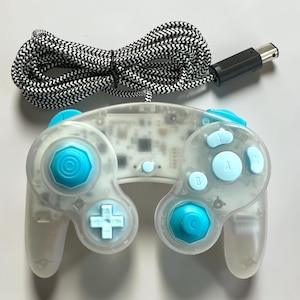 Custom Phob GCC GameCube Controller Clear Teal Blue Resin Buttons Hall Effect TMR Joysticks Spring Mod Paracord Cable Mouse Click Z-Button
