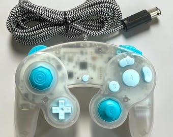 Custom Phob GCC GameCube Controller Clear Teal Blue Resin Buttons Hall Effect TMR Joysticks Spring Mod Paracord Cable Mouse Click Z-Button