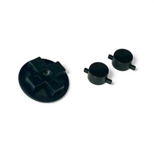 May include: Black replacement buttons for a gaming console controller. The set includes a directional pad and two round buttons with small side tabs. The buttons are made of plastic and are designed to replace worn or damaged controller parts.