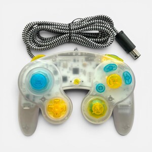 Custom Phob GCC GameCube Controller Clear Blue & Yellow Hall Effect TMR Joysticks Spring Mod Paracord Cable Mouse Click Z-Button