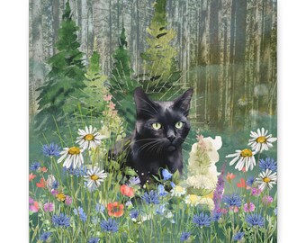 Nyckfull kattkonst, svart katt i blomsteräng, heminredning, present till kattälskare, naturväggkonst, husdjursminnesdekoration