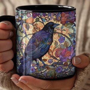 Art Nouveau Crow inspired by William Morris, Raven Coffee Cup, Gothic Teacup, Bird Lover Gift, Vintage Style Kitchen Decor, Raven lover