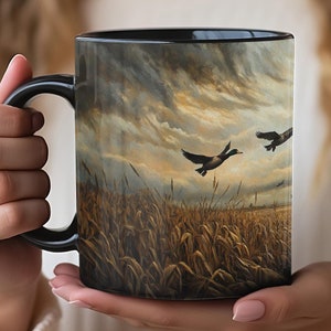 Mallard Ducks Flying Over Water in Maynard Reece Style, Coffee Mug, Nature Lover Gift, Bird Hunting Mug, Wildlife Art Coffee, dark skies