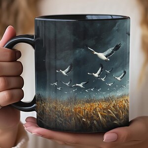 Snow Geese Flying Over Water in Maynard Reece Style, Coffee Mug, Unique Nature Lover Gift, Bird Hunting Mug, Wildlife Art Coffee