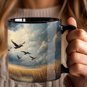 Mallard Ducks Flying Over Water in Maynard Reece Style, Coffee Mug, Unique Nature Lover Gift, Bird Hunting Mug, Wildlife Artist, Dark skies