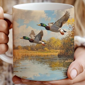 Mallard Ducks Flying Over Water in Maynard Reece Style, Coffee Mug, Unique Nature Lover Gift Bird Hunting Mug, Wildlife Coffee, Father&#39;s Day