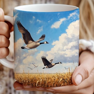Canadian Geese Flying Over Cornfields in Maynard Reece Style, Ceramic Mug, Unique Nature Lover Gift, Bird Hunting Mug, Wildlife Art Coffee
