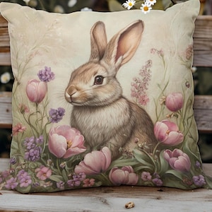 Vintage look Bunny Square Pillow, Pink Floral Cottagecore Decor, Throw Cushion for Home, Shabby Chic Accent, Country Living Room Accessory,