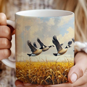 Ceramic Mug, Canadian Geese Flying Over Cornfields in Maynard Reece Style, Father&#39;s Day Gift, Bird Hunting Mug, Wildlife Art Coffee