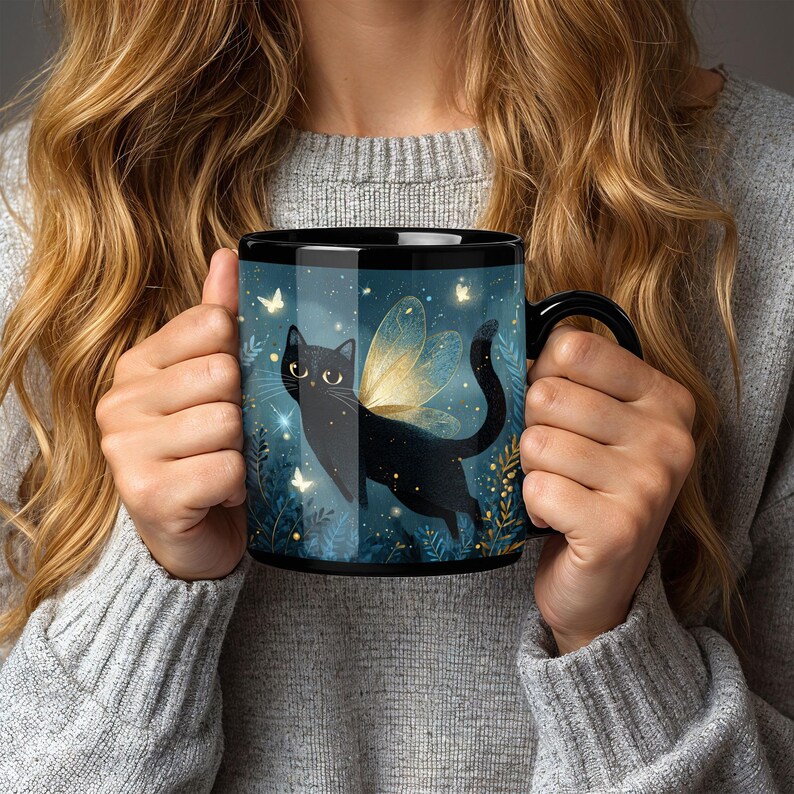 Winged Black Cat Mug, Fairy Black Cat | Magical Night Sky, angel Cat Illustration, cat memorial, morning coffee cup image 5