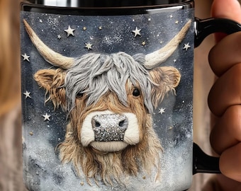 Highland Cow, Felted-look, Mountains and Stars, Coffee Cup, Ceramic Tea Mug, Animal Lover, Nature Inspired Kitchen Decor, Unique, rustic