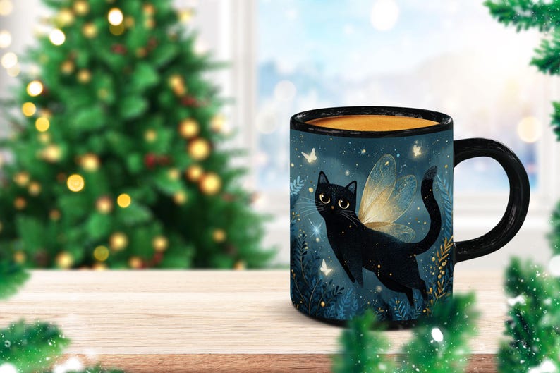 May include: A black cat with fairy wings is featured on a ceramic mug. The mug has a black handle and rim, and the background is a dark blue with white butterflies. The mug is on a wooden surface.