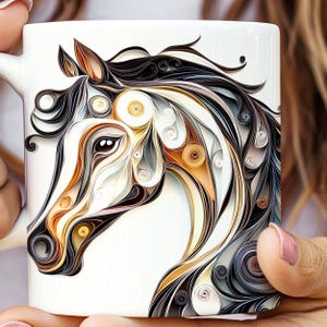 Quilled-look Brown and Black Horse Ceramic Mug, Unique Artistic Horse Design, Animal Lover Gift, Coffee Cup, Tea Mug, Kitchen Decor, Office