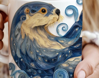 Caneca de cerâmica com estampa de lontra, efeito quilling, 325ml e 445ml - Design fofo de animal, presente para amantes de lontras, caneca de café com tema de vida selvagem, utensílios para bebidas inspirados na natureza, design lúdico.