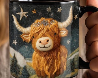 Highland Cow, felted look, Mountains and Stars, Coffee Cup, Ceramic Tea Mug, Animal Lover Gift, Nature Inspired Kitchen Decor, rustic