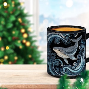 May include: Black coffee mug with a whale illustration. The mug features a detailed drawing of a whale swimming in stylized blue waves against a black background. The mug is on a wooden surface with a Christmas tree in the background.