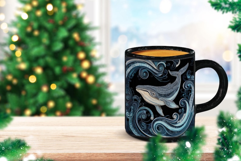 May include: Black coffee mug with a whale illustration. The mug features a detailed drawing of a whale swimming in stylized blue waves against a black background. The mug is on a wooden surface with a Christmas tree in the background.