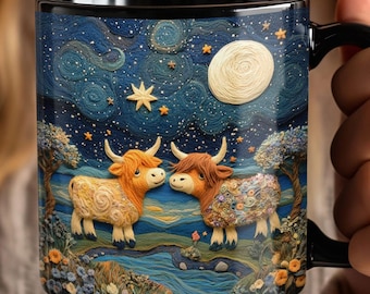 Highland Cow Couple Ceramic Mug, Felted-look, Rustic Farmhouse Kitchen Decor