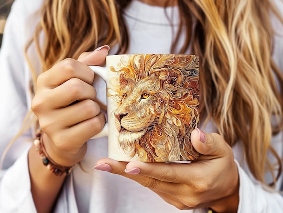 Lion Filigree Ceramic Mug, Majestic Lion Design in Browns and Golds, 11oz 15oz Cup, Animal Lover Gift, Coffee Mug, Tea Cup, Wildlife Mug,