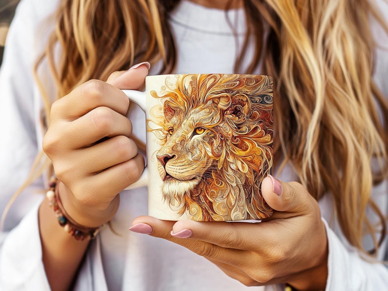 Lion Filigree Ceramic Mug, Majestic Lion Design in Browns and Golds, 11oz 15oz Cup, Animal Lover Gift, Coffee Mug, Tea Cup, Wildlife Mug,