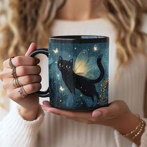 Winged Black Cat Mug, Fairy Black Cat | Magical Night Sky, angel Cat Illustration, cat memorial, morning coffee cup image 2