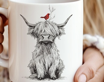 Highland Cow with a Red Cardinal, Minimalist style Coffee Mug, Tea Cup, Kitchen Decor, Nature Inspired Mug, Morning Coffee