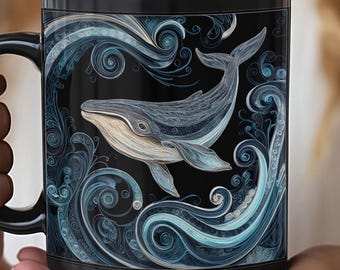 Blauwal Schwimmen Becher | Quilling-Look, schwarze Keramik 11oz 15oz, Geschenk für Walbeobachter