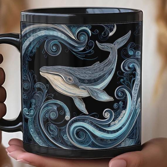 Blue Whale Swimming Mug | Quilled-look, Black Ceramic 11oz 15oz, gift for whale watchers