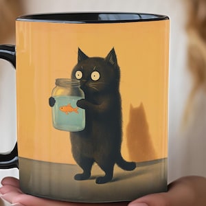 Retro Cartoon Black Cat and Fish Friend Coffee Cup, Cat Lover Gift, Funny Animal Design, Pet Owner Tea Mug, Morning Coffee Cup, Pet Fish
