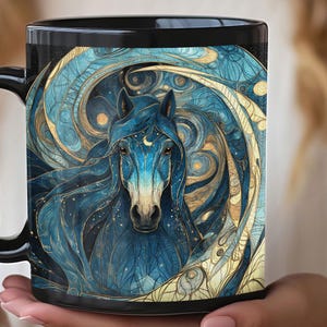 Stallion Mug Starry Night | Black Ceramic Cup, Horse Constellation Design, Morning Coffee Cup, Equine Lovers, Van Gogh