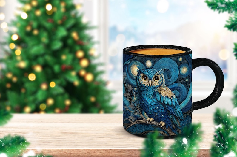 May include: A black ceramic mug featuring a detailed illustration of a blue owl perched on a branch against a swirling night sky background with circular yellow stars. The mug has a solid black handle and a black interior rim.