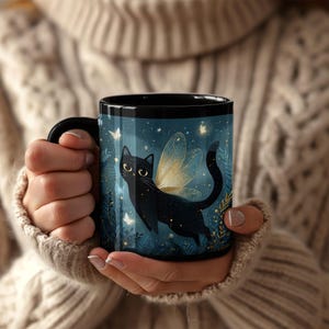 Winged Black Cat Mug, Fairy Black Cat | Magical Night Sky, angel Cat Illustration, cat memorial, morning coffee cup image 4