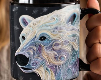 Polar Bear Coffee Mug | Colorful Quilled-look, Black 11oz 15oz morning coffee cup, holiday brewed tea, winter festivities, polar bear plunge