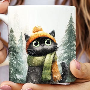 Black Cat in Christmas Tree Forest, Holiday Coffee Cup, Cat Lover Gift, Christmas Mug, Morning Coffee Cup, Winter Tea Mug