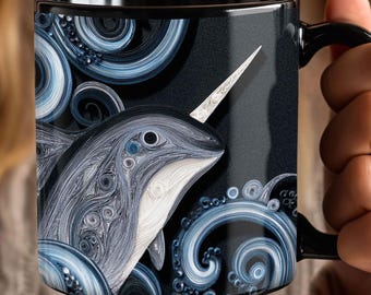 Narwhal Swimming Mug | Quilled-look, Black Ceramic 11oz or 15oz, Morning Coffee Cup, Ocean Animals, Unusual, Quirky, Funny,