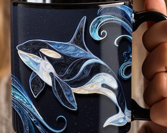 Tazza da nuoto con orca / Tazza da caffè in ceramica nera effetto piumaggio