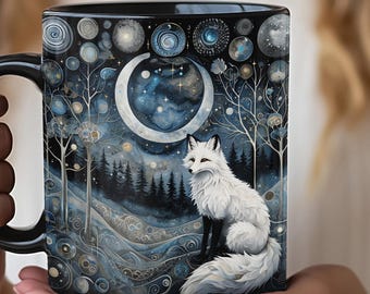 Design céleste renard blanc, tasse en céramique, tasse à thé, tasse à café, tasse renard galactique, cadeau pour amoureux des animaux, cadeau fantaisiste design céleste