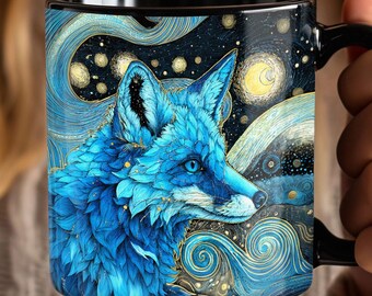 Red Fox Mug | Starry Night, Morning Coffee Cup, Black Ceramic 11oz 15oz