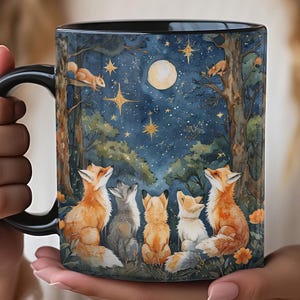 Foxes at Night in the Forest Looking Up at the Moon. Moonlight Magic Mug, Nocturnal Fox Coffee Cup, Wildlife Lover Gift, Animal Lover, Dads