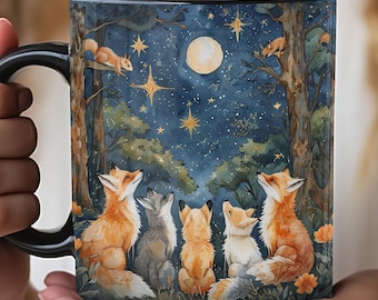 Raposas à Noite na Floresta Olhando para a Lua. Caneca Mágica do Luar, Xícara de Café Noturna Fox, Presente para Amantes da Vida Selvagem, Amantes dos Animais, Pais