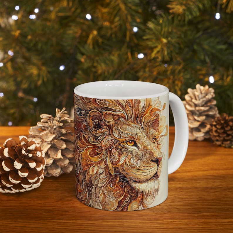 Caneca de cerâmica filigrana de leão, design majestoso de leão em tons de marrom e dourado, xícara de 11 onças e 15 onças, presente para amantes de animais, caneca de café, xícara de chá, caneca de vida selvagem, imagem 5