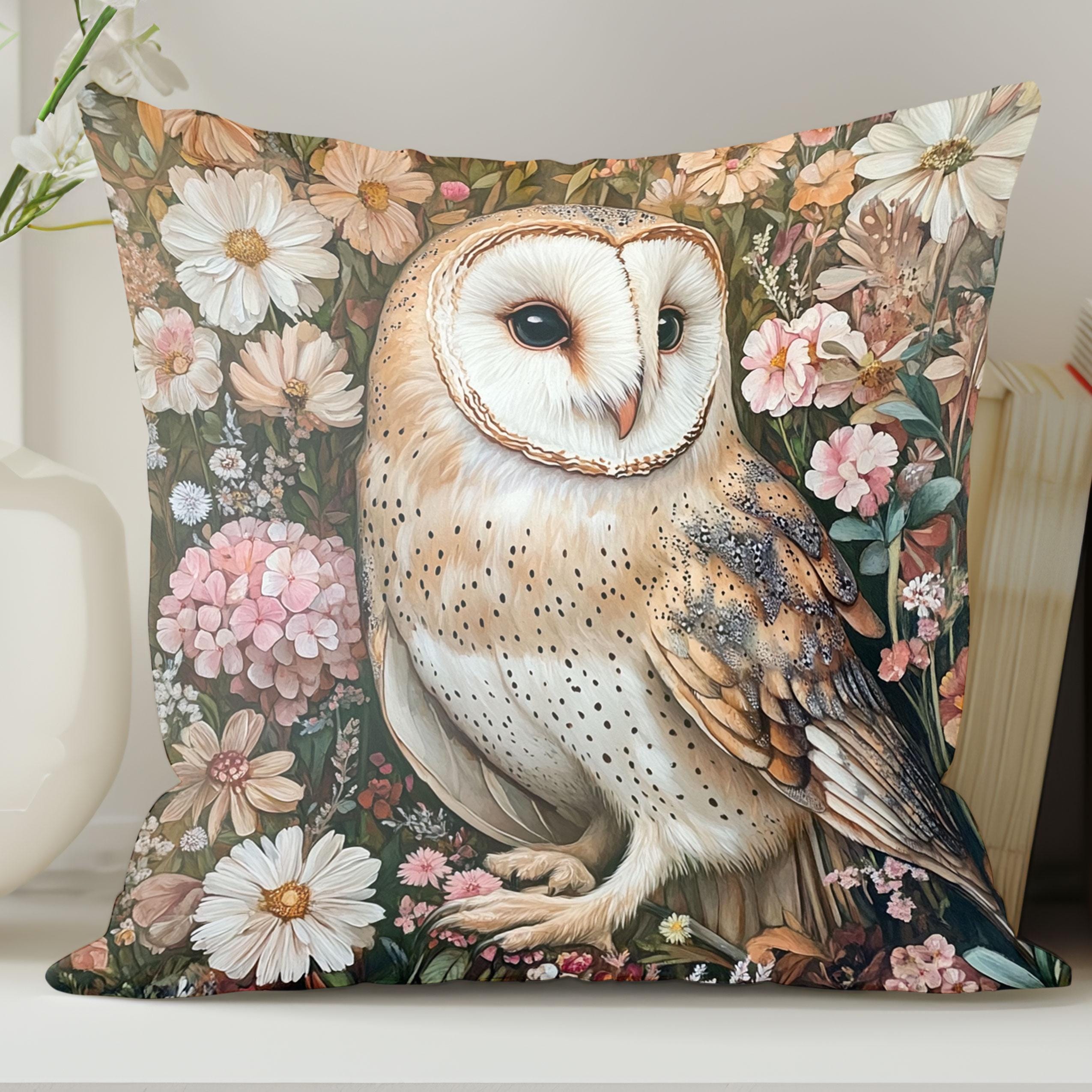 Barn Owl Surrounded by Pink and Beige Flower, Throw Cushion, Nature Lover Gift, Animal Lover Pillow,