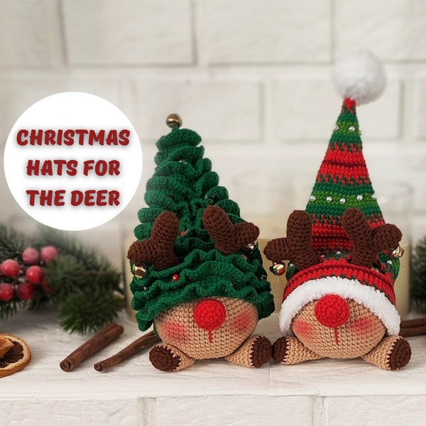 Crochet Christmas HATS for the DEER gnome pattern, Amigurumi gnome Christmas toy English PDF, holiday gnome decor