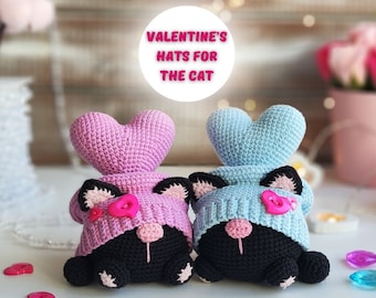Crochet Valentine’s HATS for the Cat Gnome pattern with heart, amigurumi pattern Crochet Valentine gnome pattern, holiday gnome decor