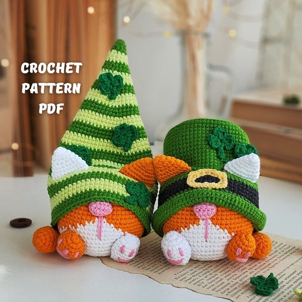 Crochet Cat gnome St. Patricks day pattern, Leprechaun crochet gnome amigurumi pattern, Fathers day lucky crochet decor pattern