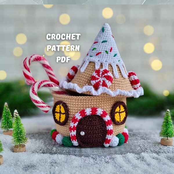 Boîte en forme de maison en pain d'épice, motif au crochet, décoration de Noël maison de bonbons, fichier PDF en anglais