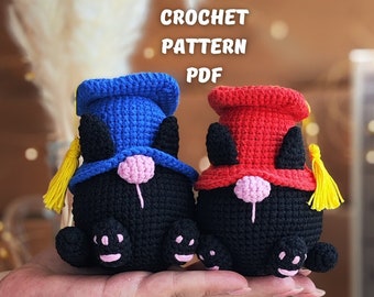 Crochet Mini Graduation Cat gnome pattern keychains, Graduation gifts for teacher crochet gnome keychain pattern