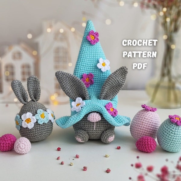 Crochet patterns Easter bunny and crochet egg pattern, Crochet bunny gnome amigurumi pattern, crochet easter decoration pattern