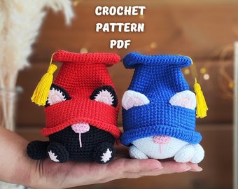 Crochet Graduation Cat gnome pattern, Graduation gifts crochet gnome pattern, Crochet gift for teacher, gnome holiday